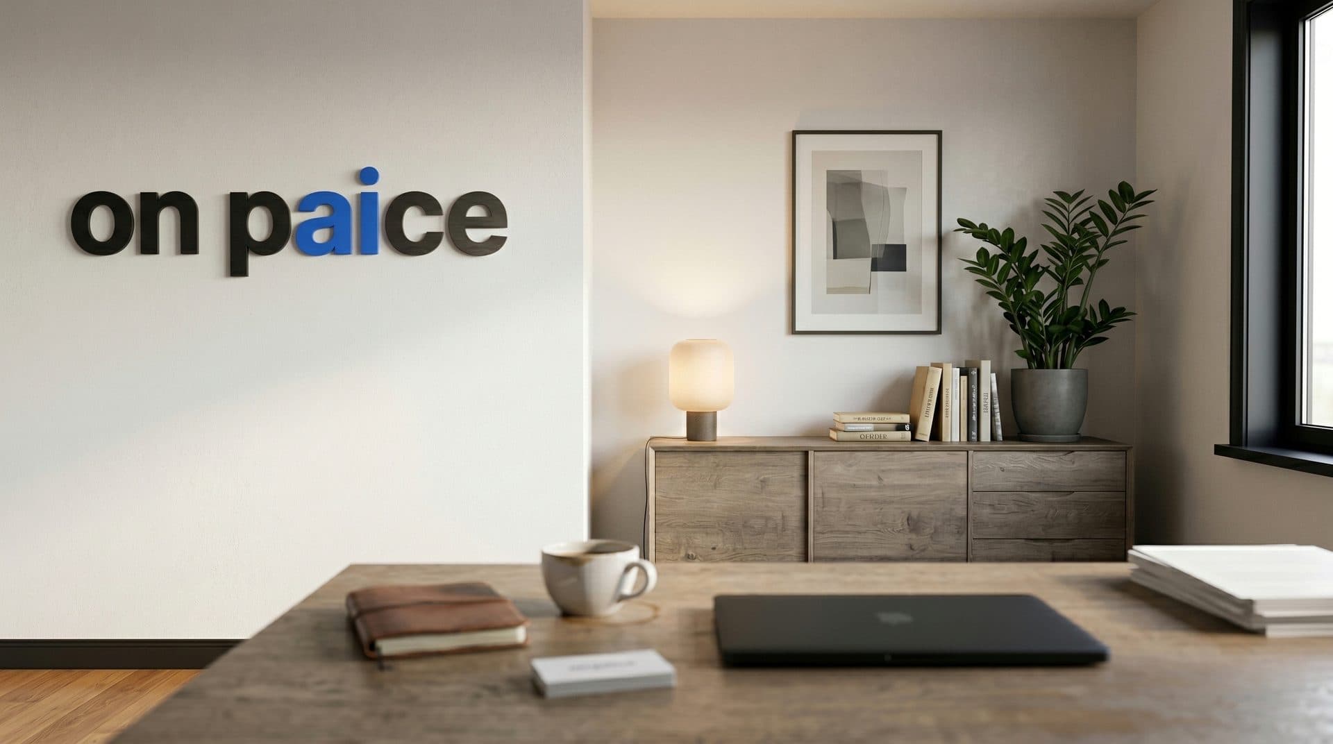 The On Paice office, with the wordmark on the wall